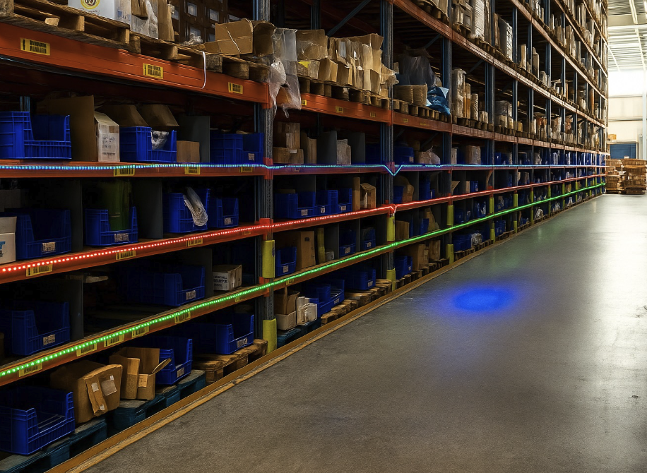 Compact warehouse shelving with a single LED spotlighting one bin